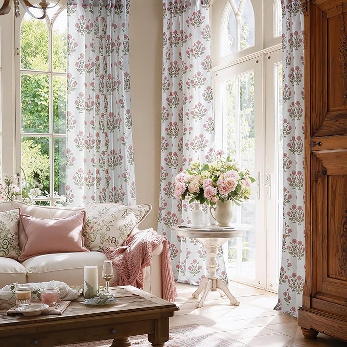 NICETOWN Floral Linen Curtains 84 inches Long Pink Pattern Printed for Girls Bedroom Nursery, Boho Farmhouse Window Sheer Curtain Drapes Aesthetic Light Filtering Privacy 2 Panel Sets, 55" W