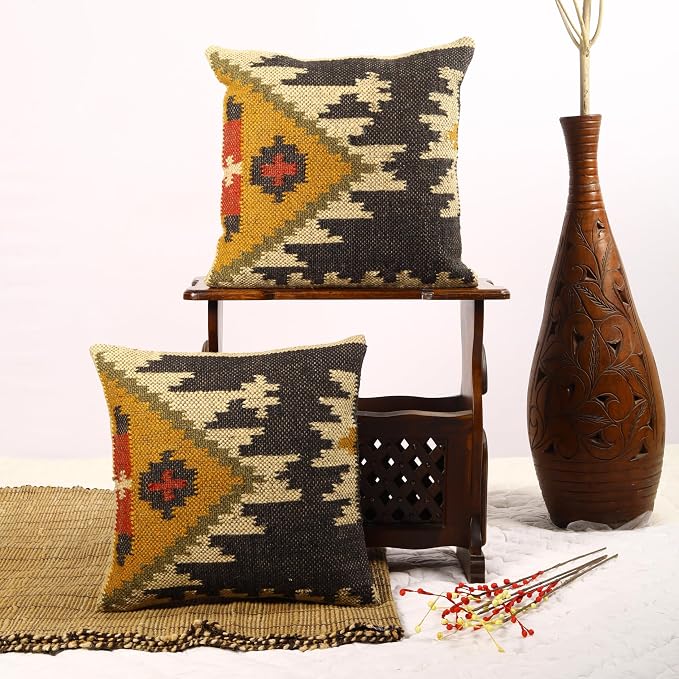 Trade Star Set of 2 Kilim Cushion Cover 70% Jute 30% Wool Pillow Shams Throw Pillow Cover 18x18 Inches Decorative Designer Cushion Cover Handwoven Rug Decorative Pillowcase (Kilim 6)