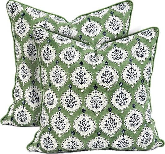 ATOSII Block Print Throw Pillow Covers, 18 X 18 - Set of 2, Decorative Couch Pillows for Living Room Bed Sofa, 100% Cotton Canvas Pillow Case for Home Decor & Outdoors, Preppy Throws - Kari Green