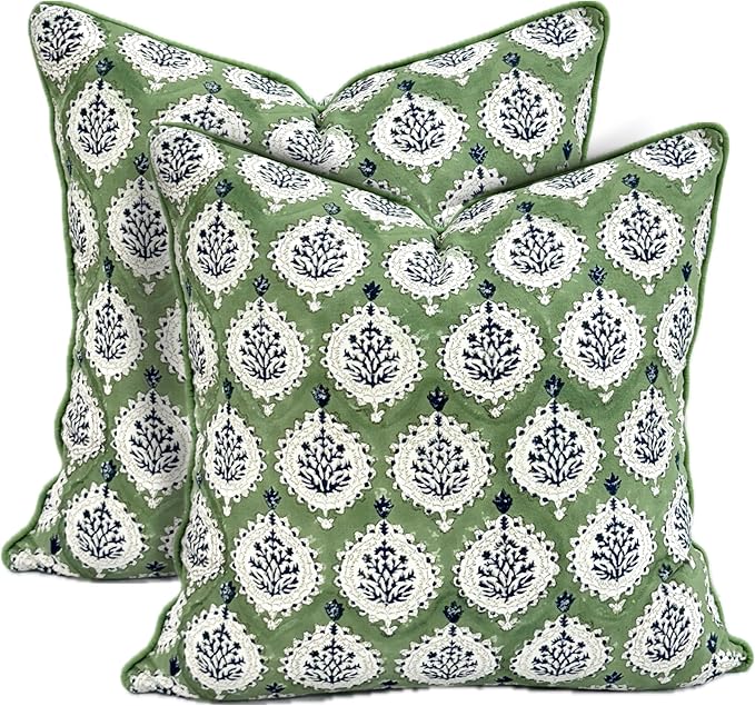ATOSII Block Print Throw Pillow Covers, 20 X 20 - Set of 2, Decorative Couch Pillows for Living Room Bed Sofa, 100% Cotton Canvas Pillow Case for Home Decor & Outdoors, Preppy Throws - Kari Green
