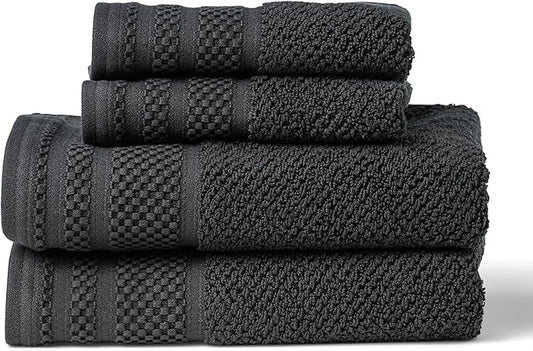 Texere 100% Organic Cotton Rice Weave Jacquard 700 GSM Luxury Bath Towel Sets - Ultra Soft and Absorbent Hotel and Spa Quality (Rice Weave, Black, 2 Hand & 2 Wash Towels)