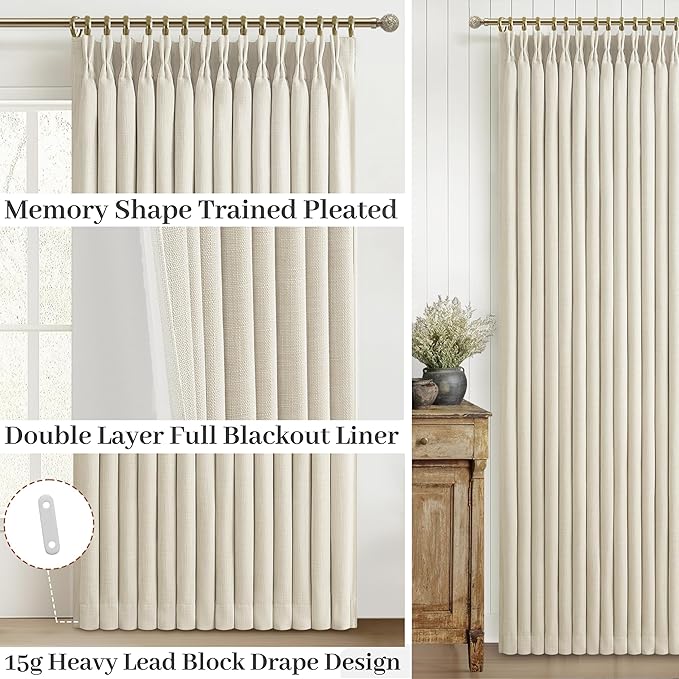 Cream Beige Floor to Length Tall Curtains & Drapes 108 Inches Long 2 Panels for Living Room, Lush Pinch Pleated Linen Blend Black Out Thermal Curtain for Sliding Glass Doors 40 x 108 Inch 2 Layer Burg