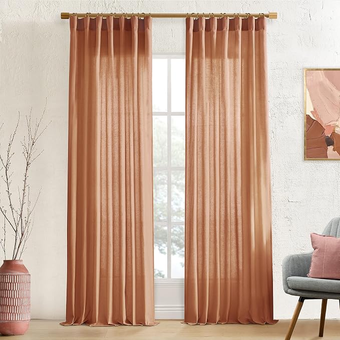 XTMYI Terracotta 90 Inch Length 2 Panels Back Tab/Hook Belt Linen Cotton Sheer Curtains for Bedroom Set
