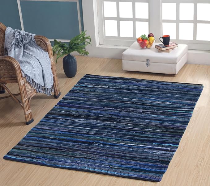 Handmade Cotton Chindi Rug Runner Area Rag Washable Recycled Rugs for Home Décor, Living Room and Bedroom (NavyBlue, 4X6 Feet)