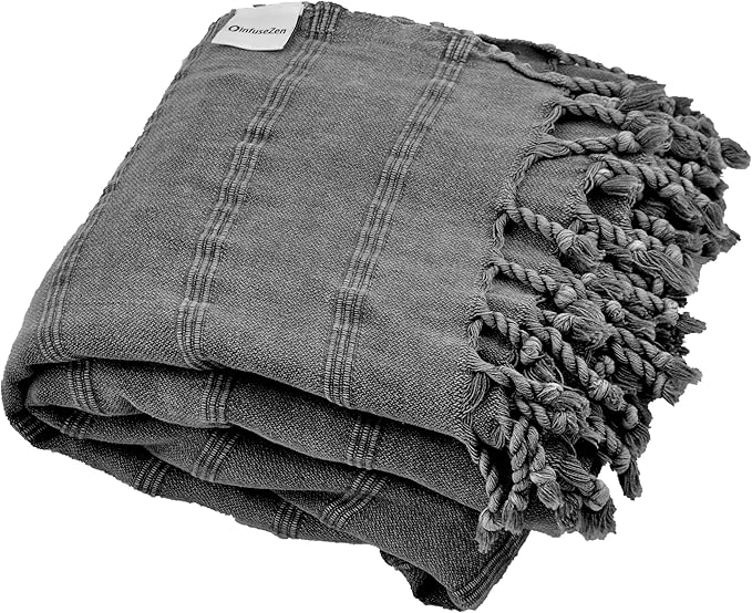 nfuseZen Large Stonewashed Turkish Throw Blanket - 100% Organic Turkish Cotton - 92" x 69" - Soft, Lightweight, Cozy - Love Seat, Sofa, Bed, Picnic, Yoga - Sand Free Beach Blanket - Charcoal Grey