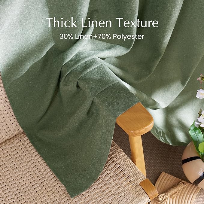 NICETOWN Flax Linen Forest Green Curtains for Large Windows, Rod Pocket & Back Tab Privacy with Light Filtering Linen Blend Window Treatments for Bedroom/Living Room, W55 x L108, Set of 2