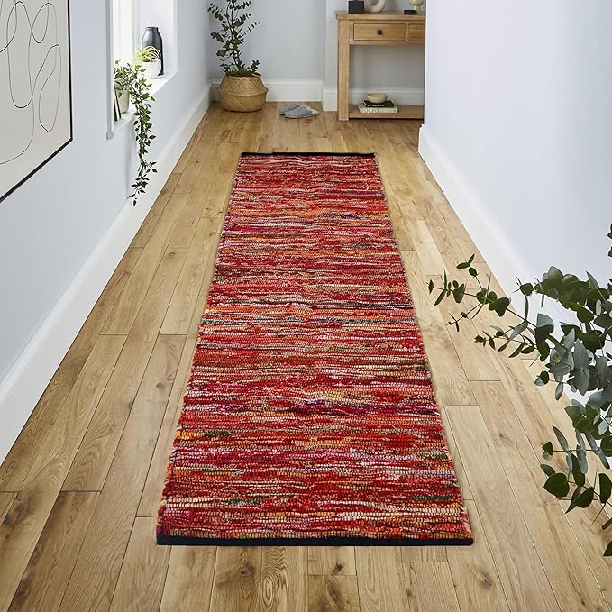 Cotton Hand Woven Area Runner Rug 2x6 Feet - Multi, Farmhouse Indoor Outdoor Decorative Floor Runners Ideal for Hallways, Kitchen, Bedroom | Red Reversible Recycled Patio Mat for Living Room