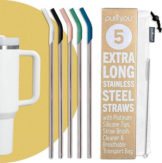 purifyou 14.5" Extra Long Stainless Steel Drinking Straws with Silicone Tips, Reusable Metal Straws for Tumblers, Smoothies, Milkshakes (Set of 5 with Brush)
