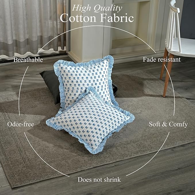 CPC Arctic Blue Hand Block Print 100% Cotton Ruffle Throw Pillow Cover 20x20 inch with Hidden Zipper Decorative for Couch, Bed, Sofa, Farmhouse, Cottagecore Decor Gift Christmas Fall Thanksgiving