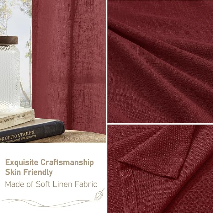 LAMIT Burgundy Red Linen Curtains 54 Inch Length 2 Panels, Light Filtering Panels Back Tab and Rod Pocket Christmas Decor Drapes for Bathroom/Window/Bedroom, 52 x 54 Inch
