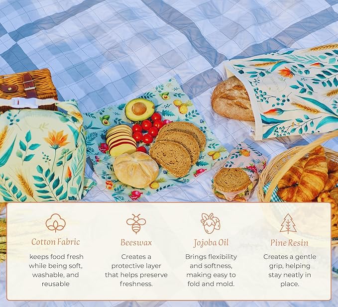 Beeswax Bread Bag for Homemade Bread & Beeswax Wrap Set, 2 XL Sourdough Bread Bags + 2 Beeswax Wraps for Food | Keep Bread Fresh, Breathable, Reusable & Less Waste Storage for Home Bakers