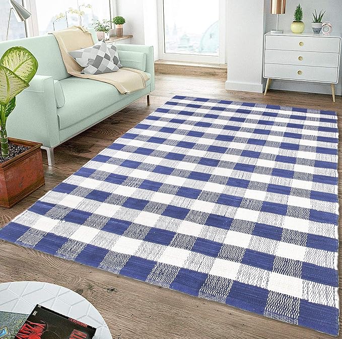 GLAMBURG Cotton Reversible Area Rug 3' x 5' Farmhouse Floor Mat, Handwoven Washable Carpet Checkered Plaid Rug for Front Porch Living Room Kitchen Bedroom - Blue White
