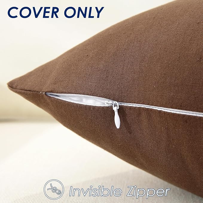 TAOSON Set of 2, Brown 100% Cotton Canvas Patchwork Throw Pillow Covers 18x18 Inch, Modern White Striped Farmhouse Decor Cushion Covers for Sofa Couch Bedroom Living Room