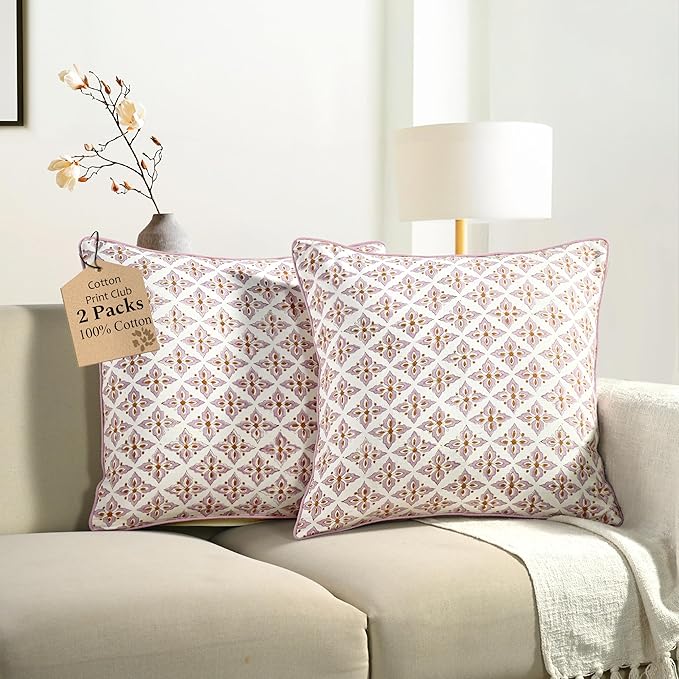 CPC Throw Piping Pillow Covers for Couch, 20x20 Inch Pillows for Living Room, 100% Cotton Boho Cute Outdoor Pillows, Flower Cusion Covers Gift for Christmas, Thanksgiving - Vintage Damask Rose