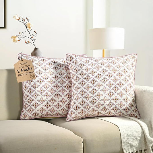 CPC Throw Piping Pillow Covers for Couch, 20x20 Inch Pillows for Living Room, 100% Cotton Boho Cute Outdoor Pillows, Flower Cusion Covers Gift for Christmas, Thanksgiving - Vintage Damask Rose