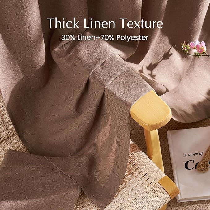 NICETOWN Flax Linen Gold Brown Curtains 108 inches Long, Rod Pocket & Back Tab Privacy Semi Sheer Privacy Added with Light Filtering Window Treatments for Living Room, W55 x L108, 2 Panels