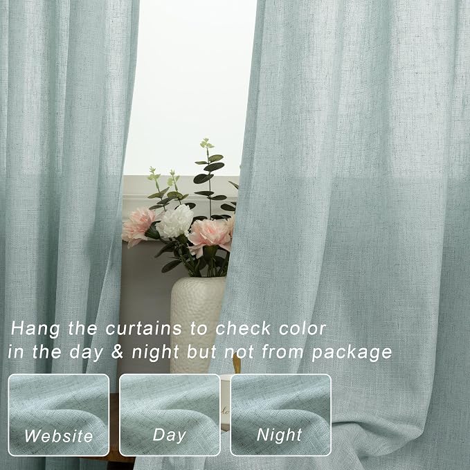Sea Green Curtains 96 Inches Long for Living Room Windows Set 2 Panels Linen Textured Light Filtering Semi Sheer Grommet Curtains for Bedroom Decor Teen Girls