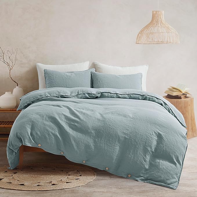 ATLINIA 100% Flax Linen Duvet Cover Set - Stone Washed Pure French Linen Organic Fabric for Farmhouse Comforter Boho Bedding Included 1 Duvet Cover 2 Pillow Shams(Dusty Blue, King)
