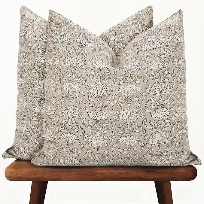 Hand-Block Printed, Artisan-Made Neutral Accent Throw Pillow Covers- 100% Cotton Cushion for Sofa, Bed, Chair, Home Decor, Boho, Indoor - Lina/Sansa (Beige, 20" x 20" (Pack of 2))
