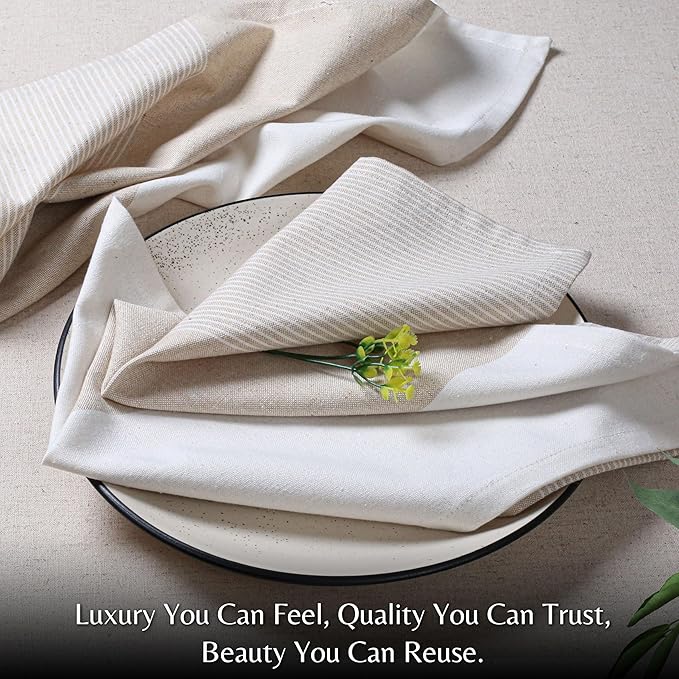 Ramanta Home Cloth Napkins Set of 4 18x18 Inches - Spring Basket Decor Block Striped Dinner Napkins for Easter Farmhouse Wedding, Washable Soft Cotton Durable Table Linen for Everyday Use - Beige