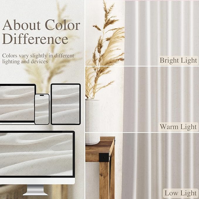 Nanspring Natural Linen Curtains 102 Inches Long for Living Room Rustic Light Filtering Semi Sheer Curtains Back Tab and Rod Pocket Farmhouse Decor Curtain for Bedroom Office 52x102, 2 Panels