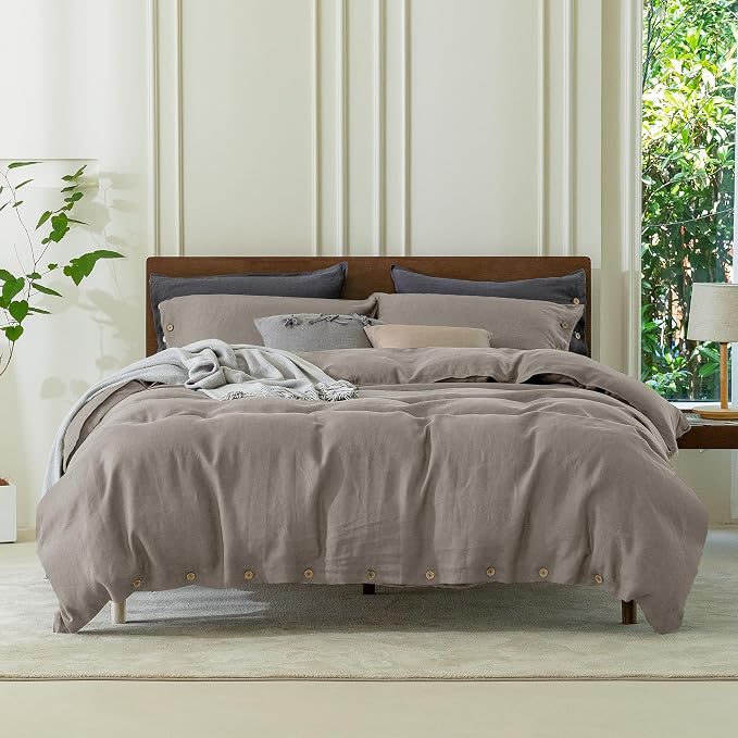 EVERLY 100% Pure Linen Duvet Cover Set Queen Size90X90Inch 3pcs (1 Duvet Cover,2 Pillowcases) Soft and Breathable for All Season with Coconut Button Closure, Suitable for Hot Sleepers-Natural Linen