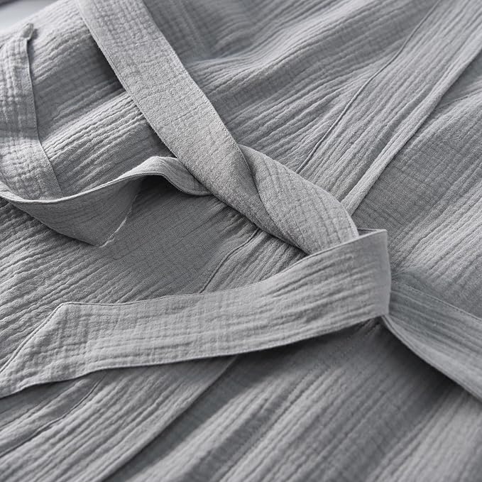 Women's Organic Cotton Bathrobe Long Sleeve Nightgowns Lightweight Waist-Tie Bath Robe for Home Spa Muslin Cotton Beach Wear