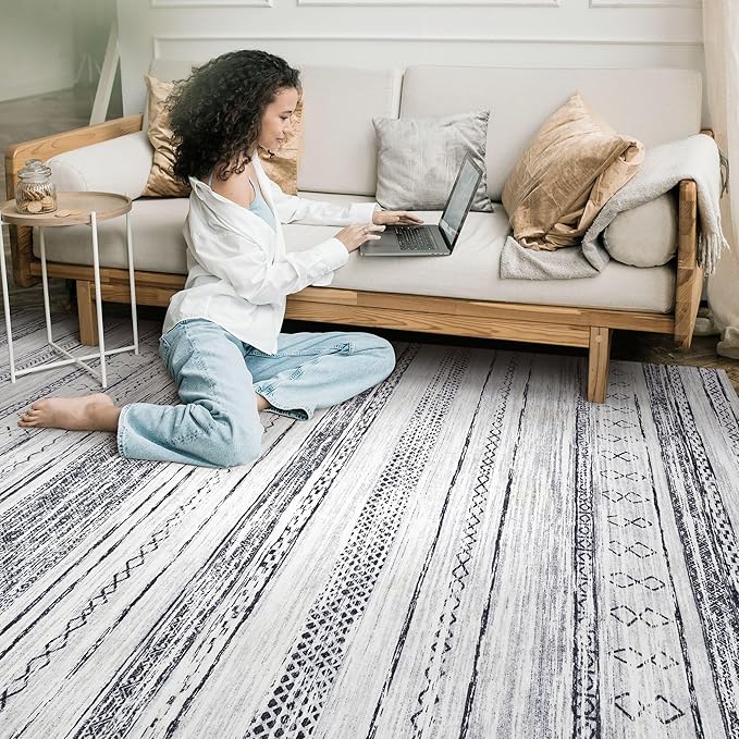 Tortania Area Rug Living Room Rugs - 5x8 Washable Large Soft Neutral Boho Moroccan Bohemian Farmhouse Rug Indoor Floor Carpet for Bedroom Under Dining Table Home Office Decor - Grey