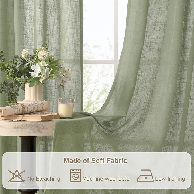 LAMIT Sage Green Semi Sheer Linen Curtains 60 Inch, Light Filtering Neutral Window Panels Farmhouse Boho Back Tab and Rod Pocket Drapes for Bedroom, 2 Panels, 52 x 60 Inch