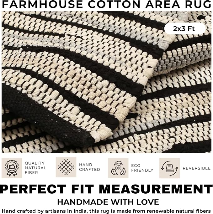 Handmade Woven Tonal Chindi Rug 24 x 36 Inch, Reversible Cotton Braided Area Rug, Grey Multi Farmhouse Throw Rug for Entryway, Kitchen, Bathroom, Bedroom and Living Room