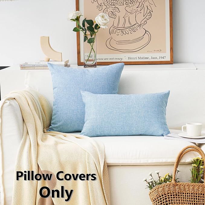 Home Brilliant 2 Pack Burlap Decorative Throw Pillow Covers 16x16 Farmhouse Pillow Covers for Bed, 16 x 16 inches, Light Blue
