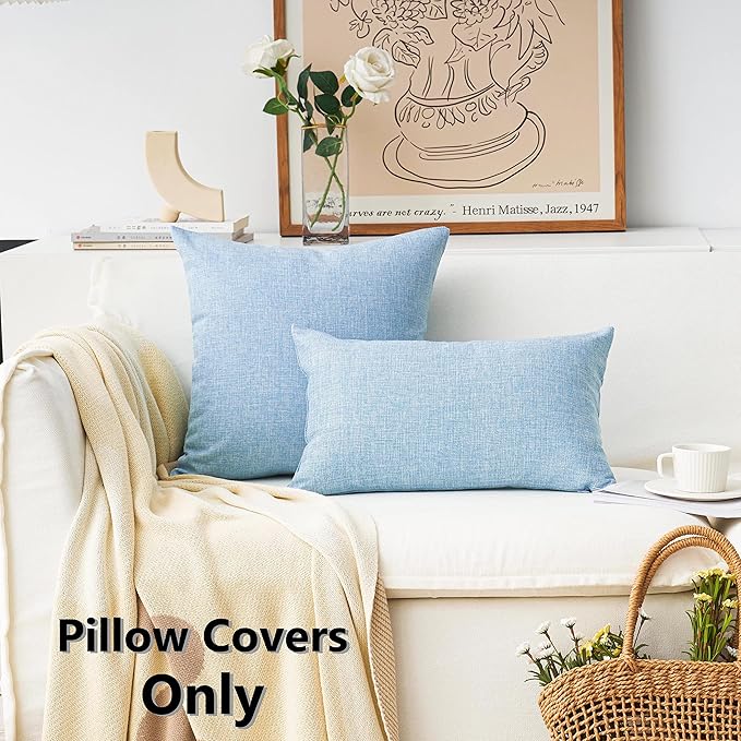 Home Brilliant Lined Burlap Linen Decorative Pillowcases Oblong Cushion Cover for Bench, 2 Pack, 12" x 20", Light Blue