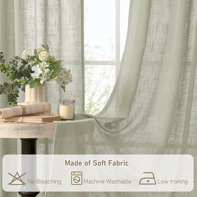 LAMIT 45 Inch Length Linen Curtains for Small Window, Semi Sheer Light Filtering Panels Back Tab and Rod Pocket Neutral Drapes for Bedroom, Sage Grey, 2 Panels, 34 x 45 Inch