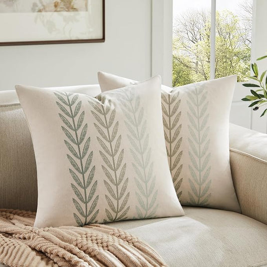 100% Cotton Farmhouse Leaves Throw Pillow Covers Set of 2, 24x24 Inch Mixed Green Pastoral Decorative Print Cushion Covers for Sofa Bed Living Room Home Decor