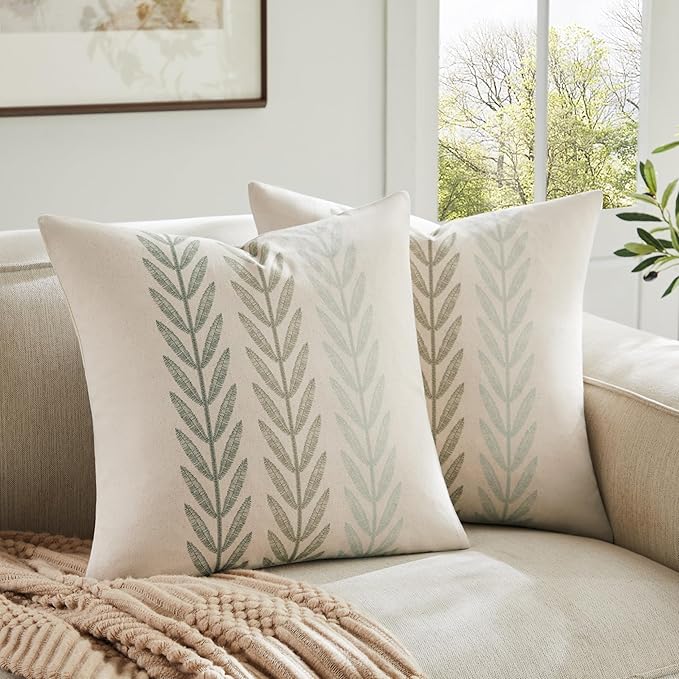 100% Cotton Farmhouse Leaves Throw Pillow Covers Set of 2, 22x22 Inch Mixed Green Pastoral Decorative Print Cushion Covers for Sofa Bed Living Room Home Decor