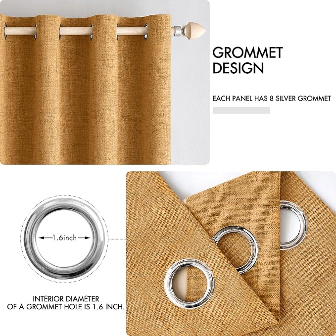 MIULEE 100% Blackout Linen Textured Curtains for Bedroom Solid Thermal Insulated Mustard Yellow Grommet Room Darkening Curtains & Drapes Luxury Decor for Living Room 52 x 45 Inch (2 Panels)