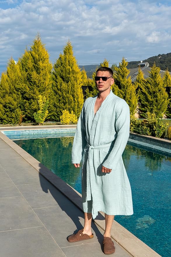 Muslin Unisex Bathrobe Women & Men, 100% Cotton Kimono Lightweight Robe | Long Robes Soft, Absorbent, Spa robes