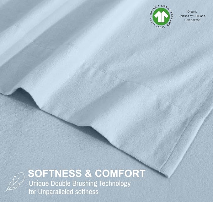 RUVANTI Flannel Sheets Full Size - GOTS Certified 100% Organic Cotton, 4 Piece Warm, Soft & Breathable Set, Deep Pocket Snug Fit, Double Brushed Cozy All Season Bedding, Baby Blue