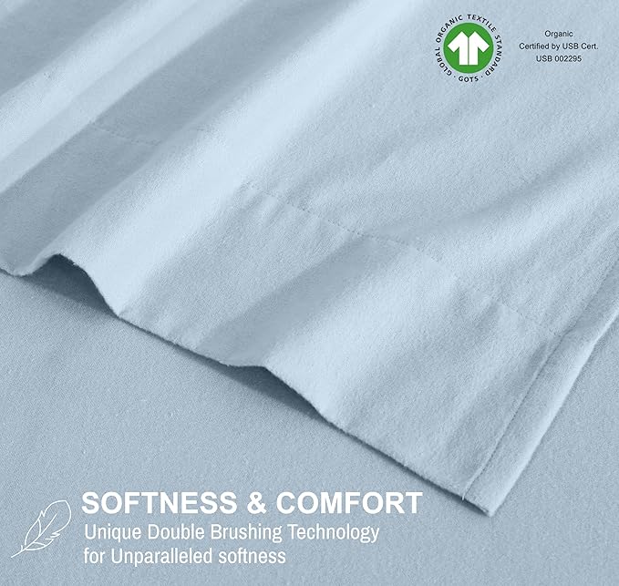 RUVANTI Flannel Sheets Queen Size - GOTS Certified 100% Organic Cotton, 4 Piece Warm, Soft & Breathable Set, Deep Pocket Snug Fit, Double Brushed Cozy All Season Bedding, Baby Blue