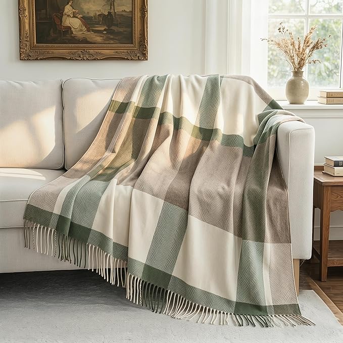 100% Wool Blanket Throw,Cream and Green Plaid Wool Blanket with Compact Bag,Rustic Soft Lightweight Blanket for Couch,Sofa,Bed & Lounging décor,Travel Blanket for Home,Airplane,Ideal Gifts 55"x83"