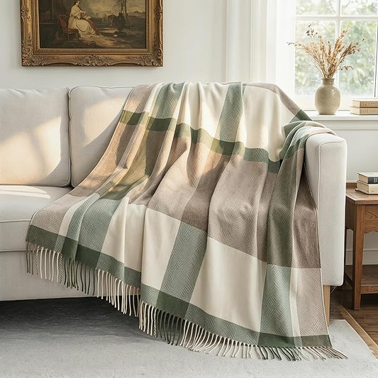 100% Wool Blanket Throw,Cream and Green Plaid Wool Blanket with Compact Bag,Rustic Soft Lightweight Blanket for Couch,Sofa,Bed & Lounging décor,Travel Blanket for Home,Airplane,Ideal Gifts 55"x83"