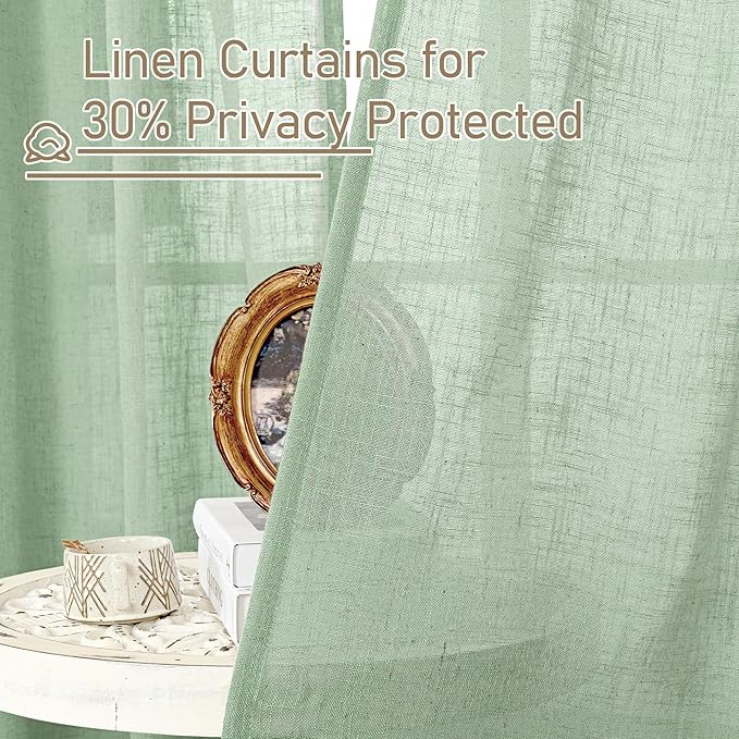 LAMIT Fresh Green Linen Curtains 45 Inch Length 2 Panels, Light Filtering Panels Back Tab and Rod Pocket Country Decor Drapes for Kitchen/Window/Loft Room/Bedroom, 34 x 45 Inch