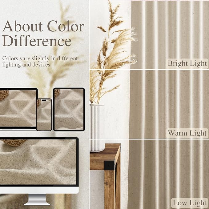 Nanspring Taupe Burlywood Linen Curtains 84 Inch Length for Living Room Rustic Farmhouse Light Filtering Semi Sheer Curtain Back Tab Privacy Burlap Drapes for Bedroom Office 52x84, 2 Panels