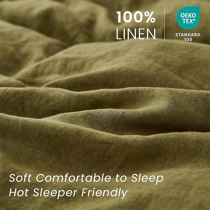 100% French Linen Pillow Shams Basic Style - Pack of 2 - Washed Solid Color Natural Flax Soft Breathable - Olive, 20'' x 36''