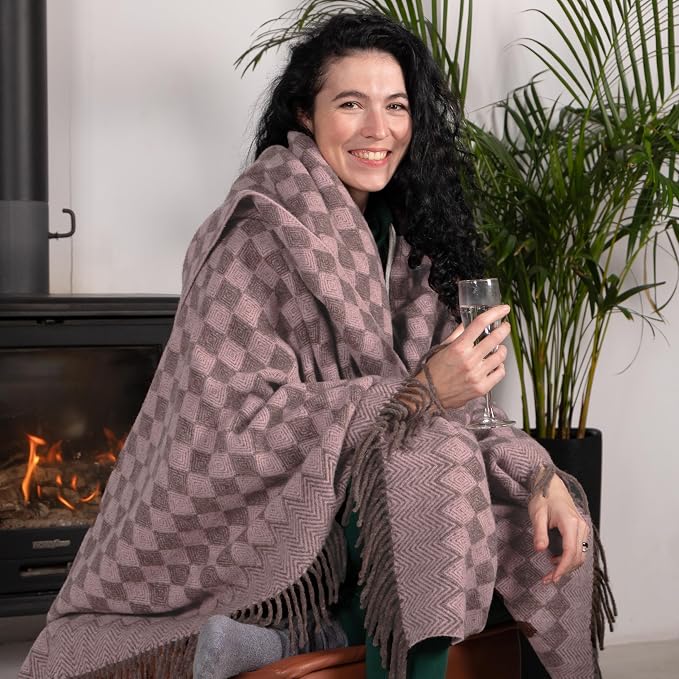 LYHome Wool Blanket 100% - Warm and Cozy Throw for Home Travel Outdoor Camping Picnic & Cold Weather, Decorative Blankets Couch Bed, Warmest Throws (55x79 in | Soft Pink - Brown Scandinavian Rhombus)