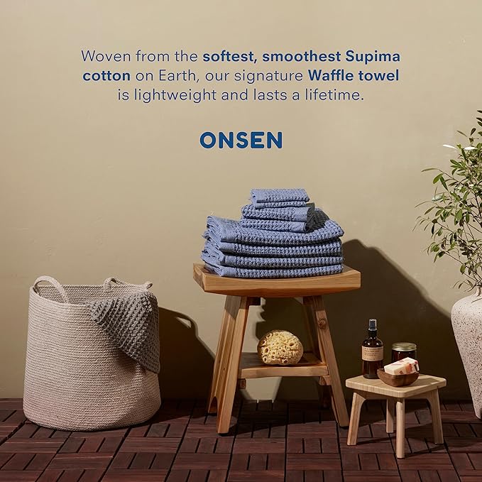 ONSEN Supima® Waffle Bath Towel, Large, Quick Dry Lint Free 100% USA Cotton, Lightweight Absorbent Bath Towel, 31x57 in (Denim Blue, 1x Bath Towel)