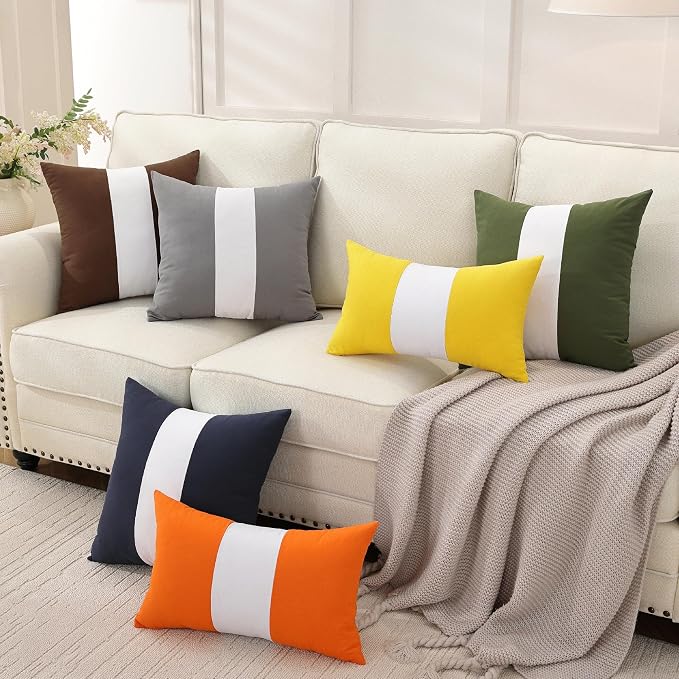 TAOSON Set of 2, Brown 100% Cotton Canvas Patchwork Throw Pillow Covers 18x18 Inch, Modern White Striped Farmhouse Decor Cushion Covers for Sofa Couch Bedroom Living Room