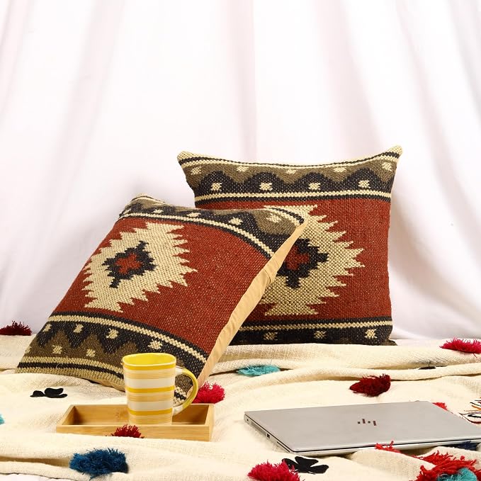 Trade Star 70% Jute 30% Wool Pillow Shams Handloomed Rug Decorative Cushion Case Set of 2 Kilim Cushion Cover Throw Pillow Cover Handwoven Pillowcase 18x18 Inches Designer Cushion Cover (Kilim 12)