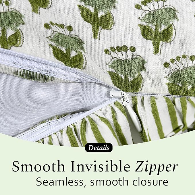 CPC Block Print Ruffle Throw Cover Emerald Green 18"x18" Inch Pack of 2-100% Cotton Ruffle Couch Decorative Boho Pillows Case for Living Room, Bedroom, Sofa, Farmhouse Gift for Spring, Mother's Day