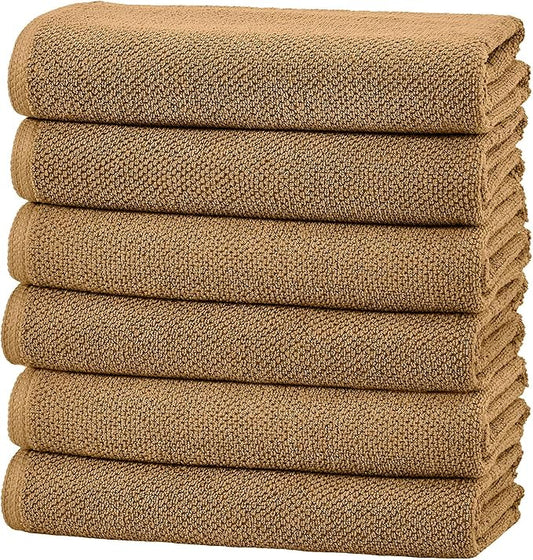 Great Bay Home 100% Cotton 6 Pack 26x16 Hand Towel Set - Absorbent, Quick-Drying, Durable Towels for Bathroom Decor - Low-Twist, Two-Ply Fibers (Mocha)